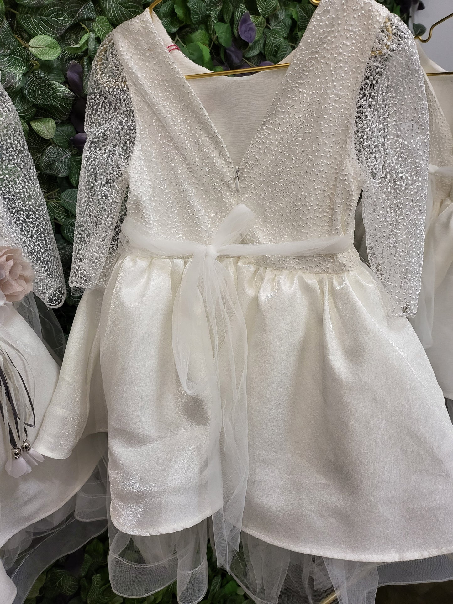White and Satin Long Sleeve Dress